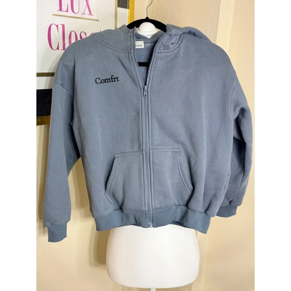 Comfrt Kids Zip Up Hoodie XL Slate Blue Fleece Lined Sweatshirt Embroidered Logo